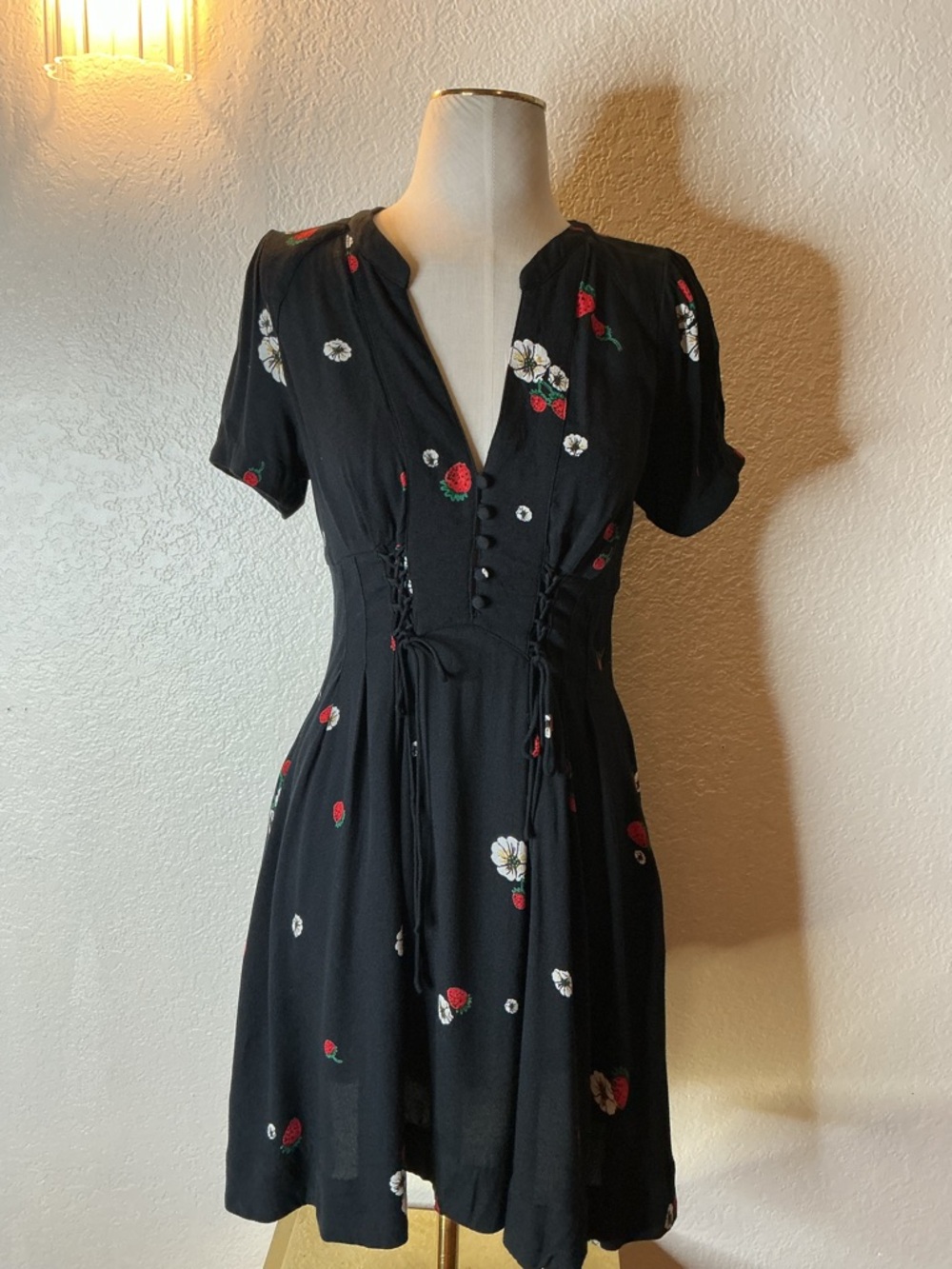 Free People Black Mini Dress with Red Strawberry & White Floral Embroidery
